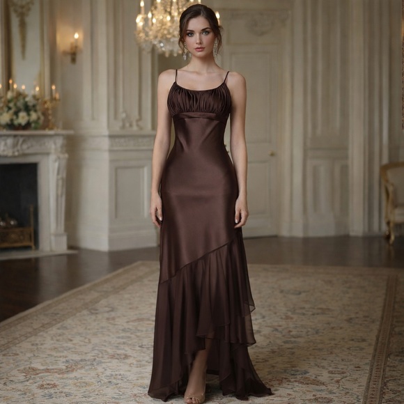 Juno Dresses & Skirts - Juno Dress Womens S Brown Chiffon Maxi Slip USA Formal Evening Milkmaid Babydoll